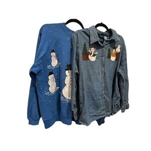 VINTAGE 2PC 1X Denim Snowman LS Button-Down XL Hanes Painted Snowman Sweatshirt